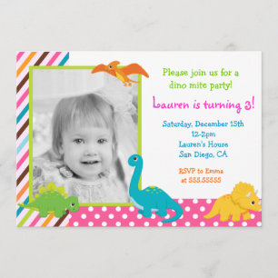 Girl Dinosaur Birthday Invitation for