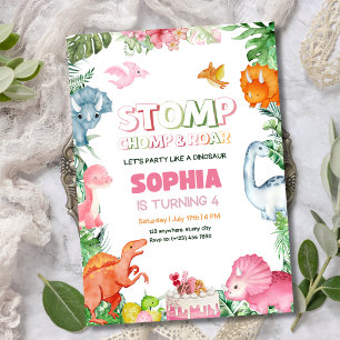 Girl Dinosaur Birthday Invitation Pink Dinosaur 