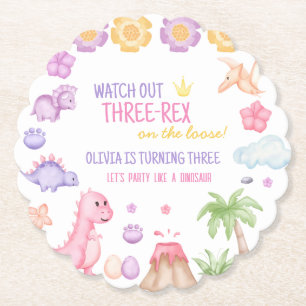 Girl Dinosaur Birthday Paper Coaster