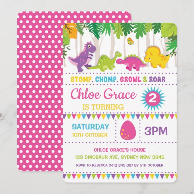 Girl Dinosaur Birthday Pink Roar Dino Party Invitation (Front/Back)