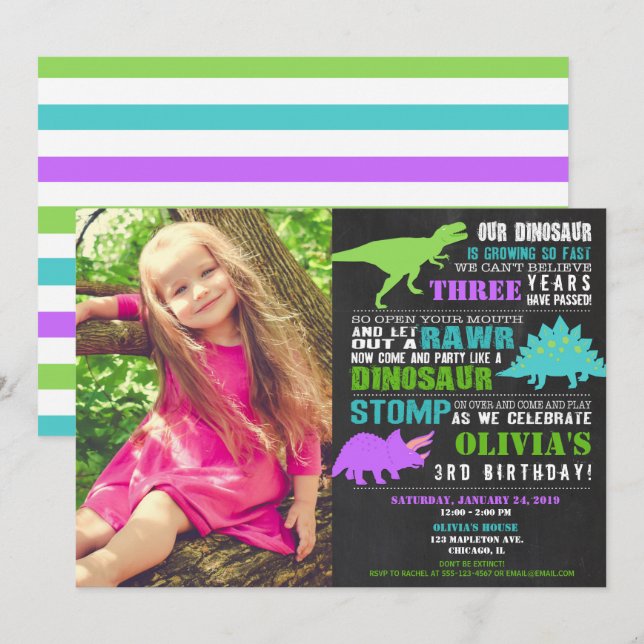 Girl dinosaur birthday teal green purple photo invitation (Front/Back)