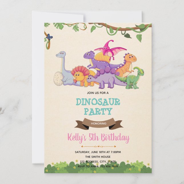 Girl dinosaur cute invitation (Front)