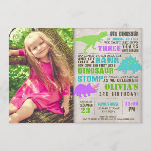Girl dinosaur dino dig birthday party photo invitation