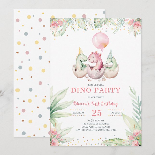 Girl Dinosaur First Birthday Invitation (Front/Back)