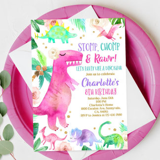 Girl Dinosaur Invitation Dino Birthday Party Invit