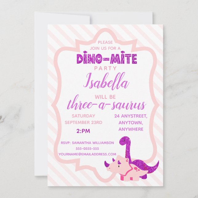 Girl Dinosaur Pink Birthday Party Invitation (Front)