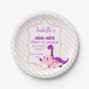 Girl Dinosaur Pink Birthday Party  Paper Plate