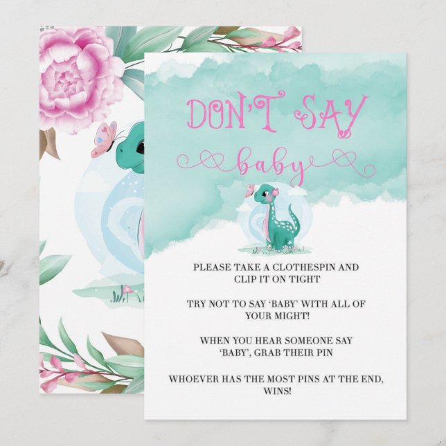 Girl Dinosaur Pink Peony Don’t Say Baby Invites (Front/Back)