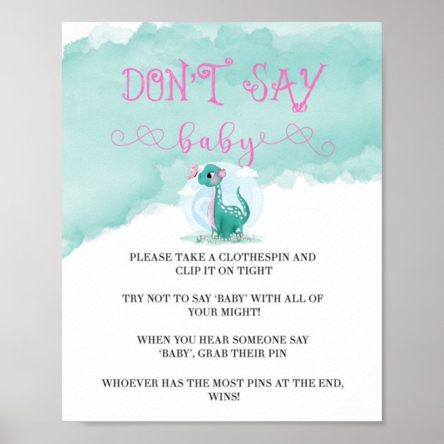 Girl Dinosaur Pink Peony Don’t Say Baby Invites Poster (Front)