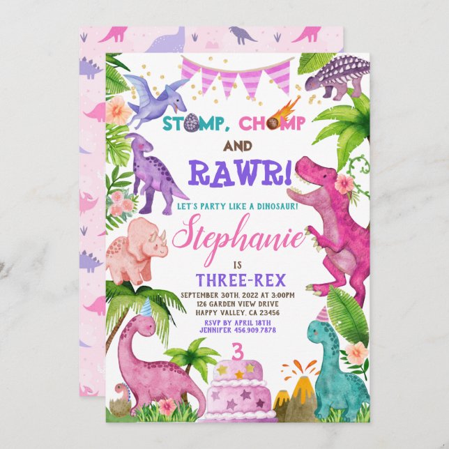 Girl Dinosaur Three-Rex 3rd Birthday Party Pink In Invitation (Front/Back)