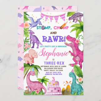 Girl Dinosaur Three-Rex 3rd Birthday Party Pink In Invitation