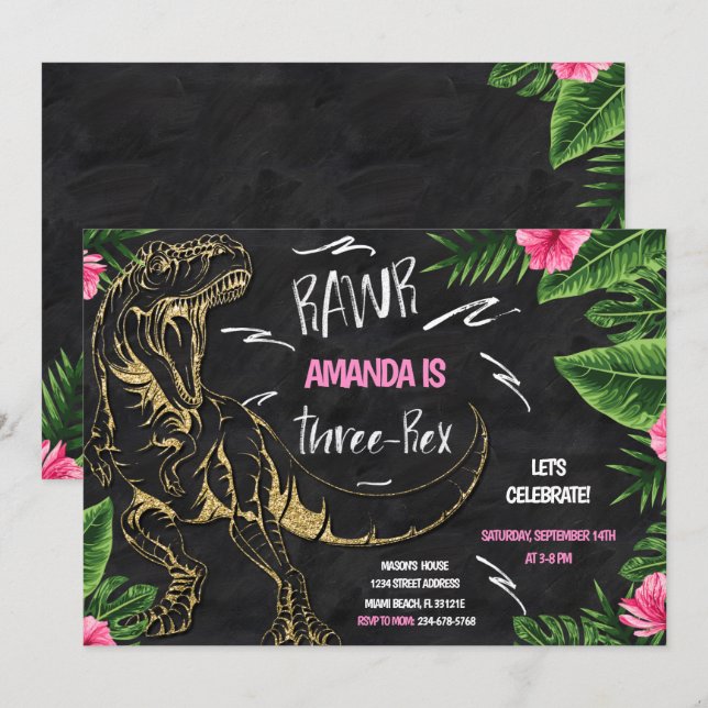 Girl Dinosaur Three-Rex Birthday Invitation (Front/Back)