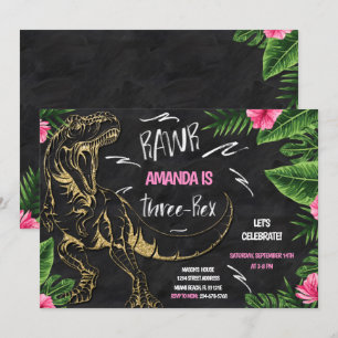 Girl Dinosaur Three-Rex Birthday Invitation