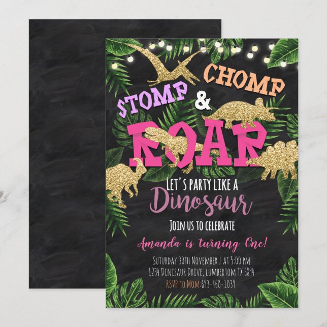 Girl Dinosaur Tropical Birthday Invitation (Front/Back)
