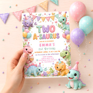 Girl Dinosaur Two-A-Saurus 2nd Birthday Party  Invitation