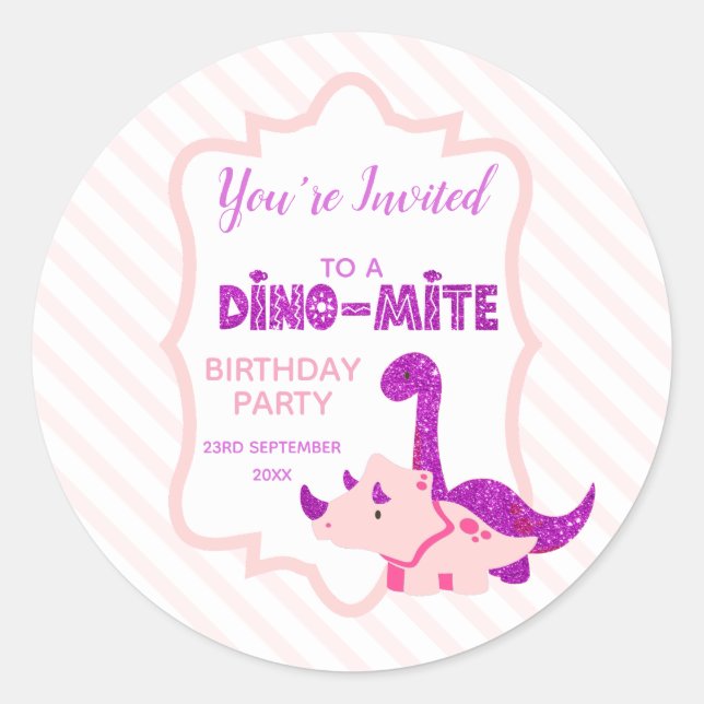 Girl Dinosaur You're Invited to a Birthday Party  Classic Round Sticker (Front)