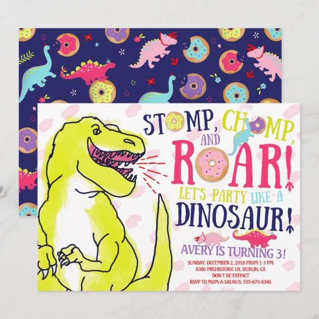 Girl Dinosaurs and Doughnuts Birthday Invitation (Front/Back)
