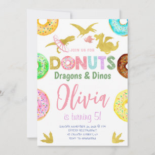 Girl Dinosaurs and Doughnuts Birthday Invitation
