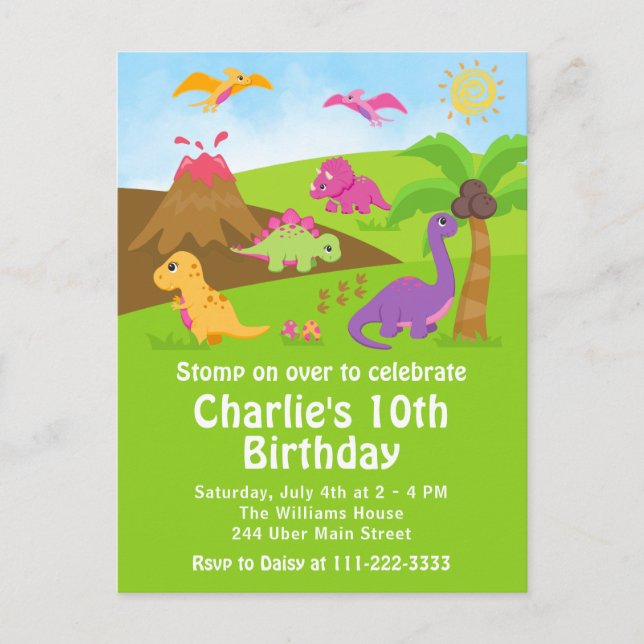 Girl Dinosaurs Birthday Party Postcard (Front)