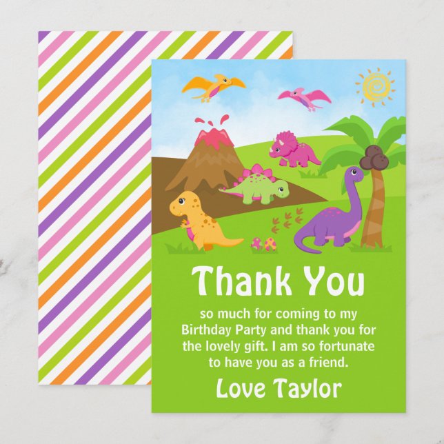 Girl Dinosaurs Birthday Party Thank You Card (Front/Back)