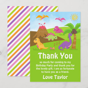 Girl Dinosaurs Birthday Party Thank You Card