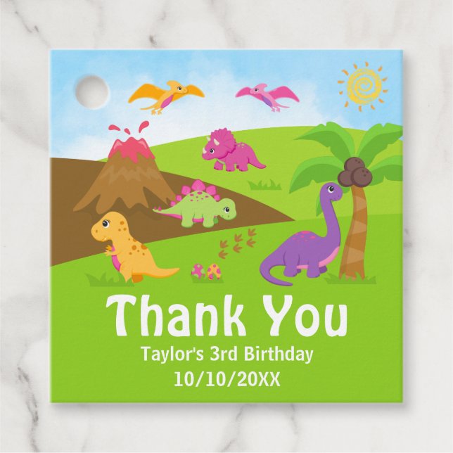 Girl Dinosaurs Birthday Party Thank You Favour Tag (Front)