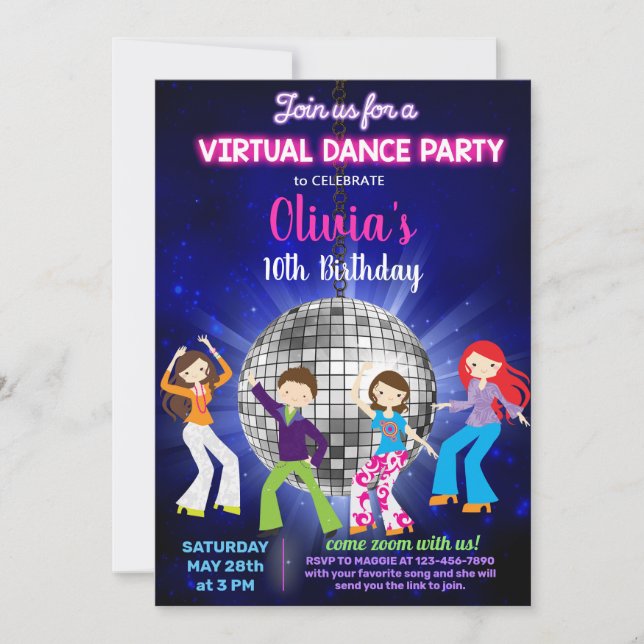 Girl disco dance party, virtual dance party. invitation (Front)
