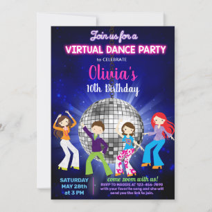 Girl disco dance party, virtual dance party. invitation