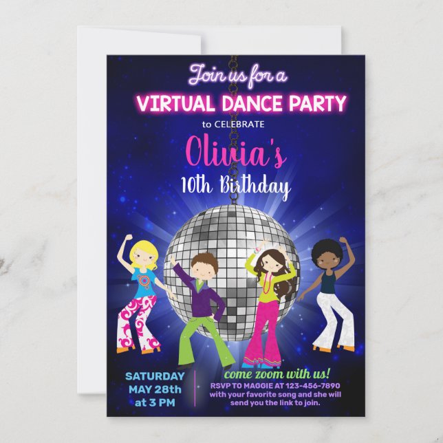 Girl disco dance party, virtual dance party. invitation (Front)