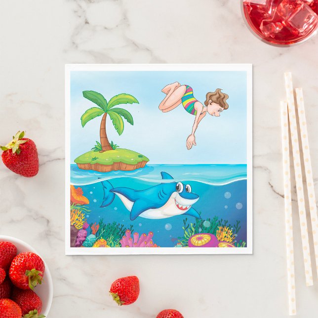 Girl Diving Into Ocean Friendly Shark Coral Reef Napkin (Creator Uploaded)