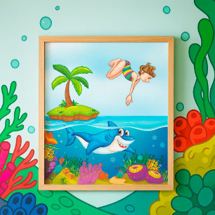 Girl Diving Into Ocean Friendly Shark Coral Reef Poster