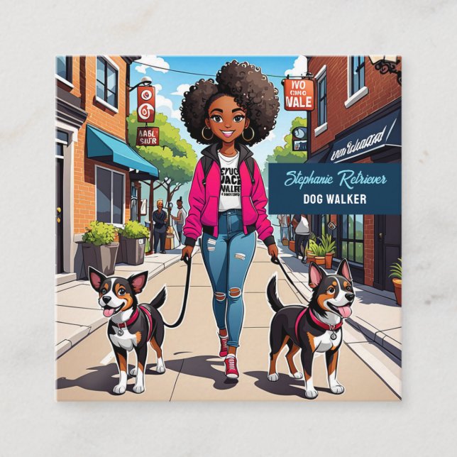 Girl Dog Walker Pet Sitter In Fuchsia Pink Jacket Square Business Card (Front)