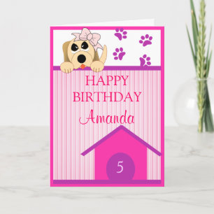 Girl Dog with Bow & Dog House Birthday Card