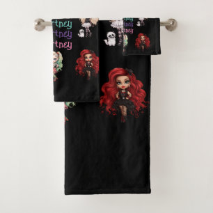 Girl Doll Spooky Halloween Theme with Name Bath Towel Set