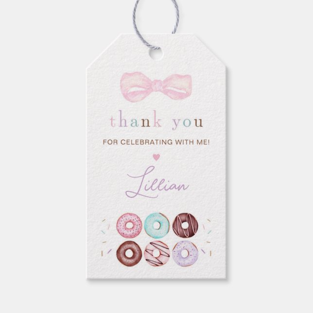 Girl Doughnut and Bow Birthday Party Gift Tags (Front)
