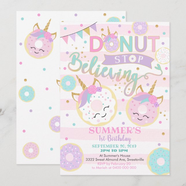 Girl Doughnut Unicorn 1st Birthday Invitation (Front/Back)