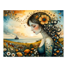 Girl dreaming of sail away on a flowers sea