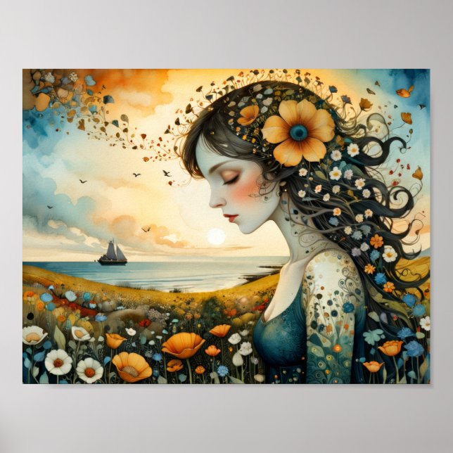 Girl dreaming of sail away on a flowers sea poster (Front)
