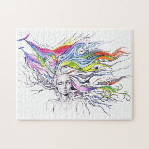 Girl Dreams Colourful hair Surreal fantasy art Jigsaw Puzzle