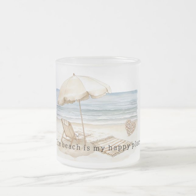 Girl Dress Beach Happy Place Sea Shell Heart Frosted Glass Coffee Mug (Center)