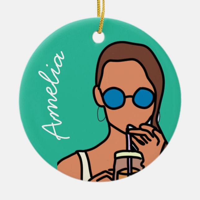 Girl drinking bubble tea modern teen ceramic tree decoration (Front)