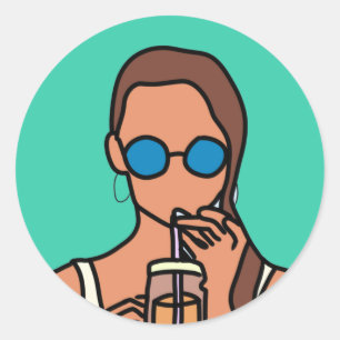 Girl drinking bubble tea modern teen classic round sticker