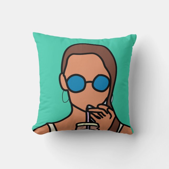 Girl drinking bubble tea modern teen cushion (Front)