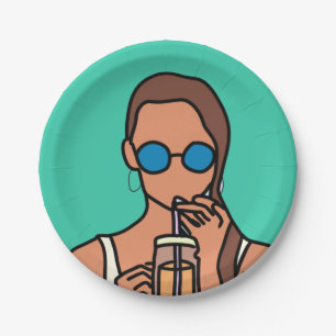 Girl drinking bubble tea modern teen paper plate