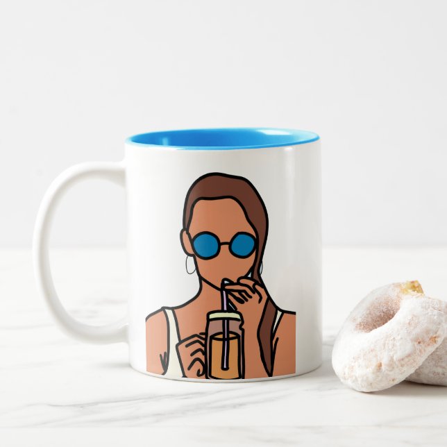 Girl drinking bubble tea modern teen Two-Tone coffee mug (With Donut)