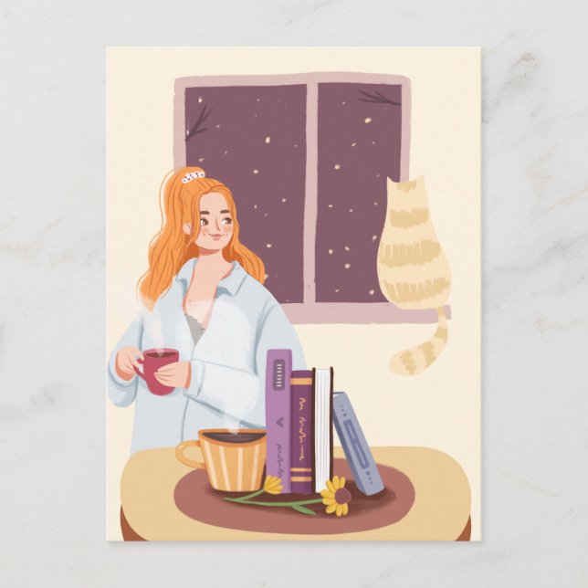 Girl Drinking Tea with cat in cosy room Postcard (Front)