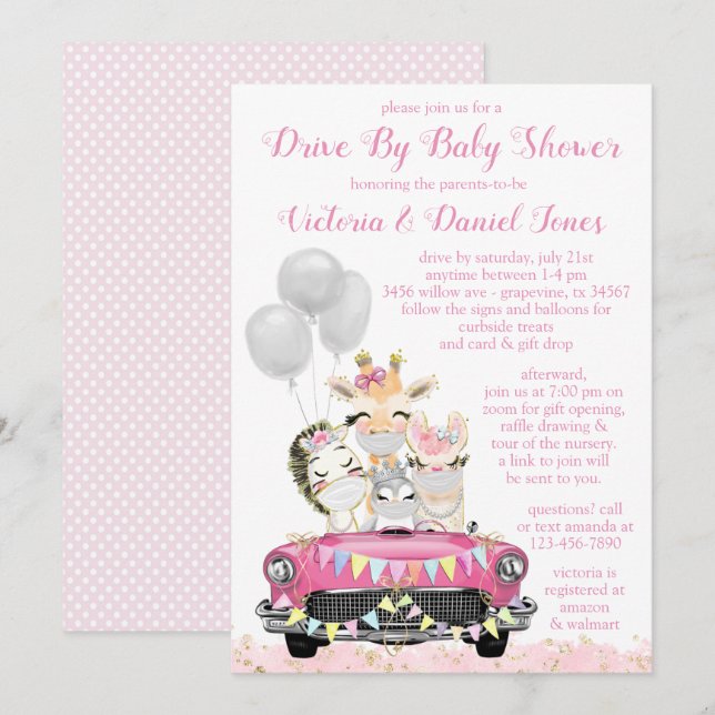 Girl Drive By Baby Shower Cute Animals in Car Invitation (Front/Back)