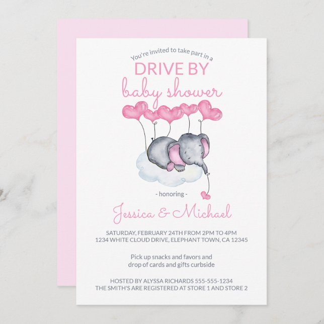 Girl Drive By Baby Shower Pink Elephant on Cloud Invitation (Front/Back)