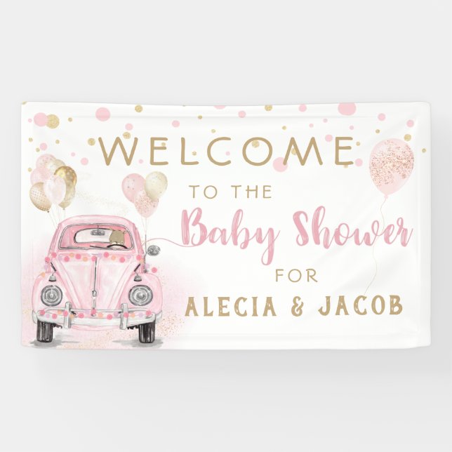 Girl Drive By Baby Shower Pink Gold Car Banner (Horizontal)