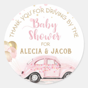 Girl Drive By Car Baby Shower Thank You Pink Gold Classic Round Sticker